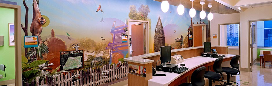 Lobby of a pediatrics space at Weill Cornell Medicine.