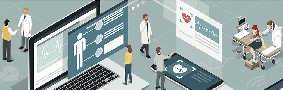 Illustration of people patients, computer devices and physicians